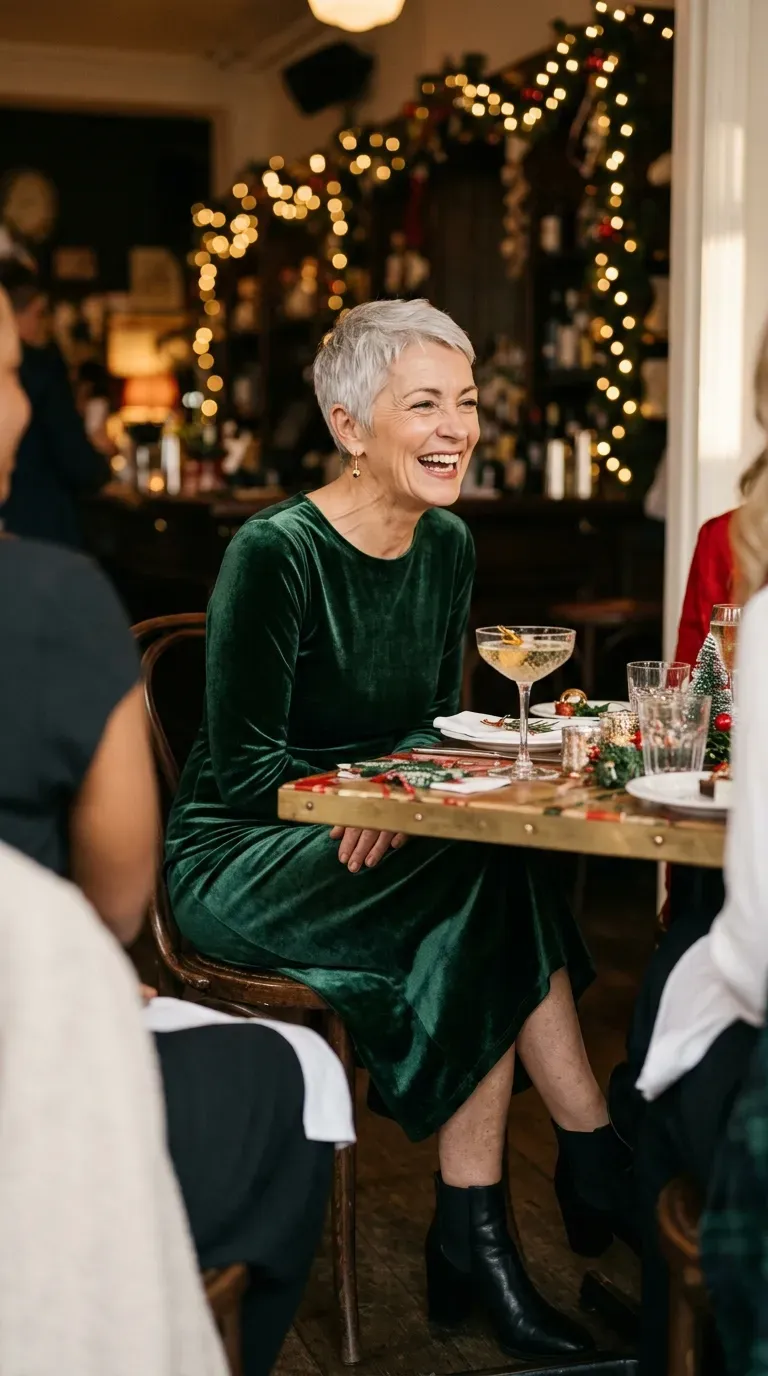 Woman over 50 in forest green velvet midi dress and black ankle boots at a festive bar