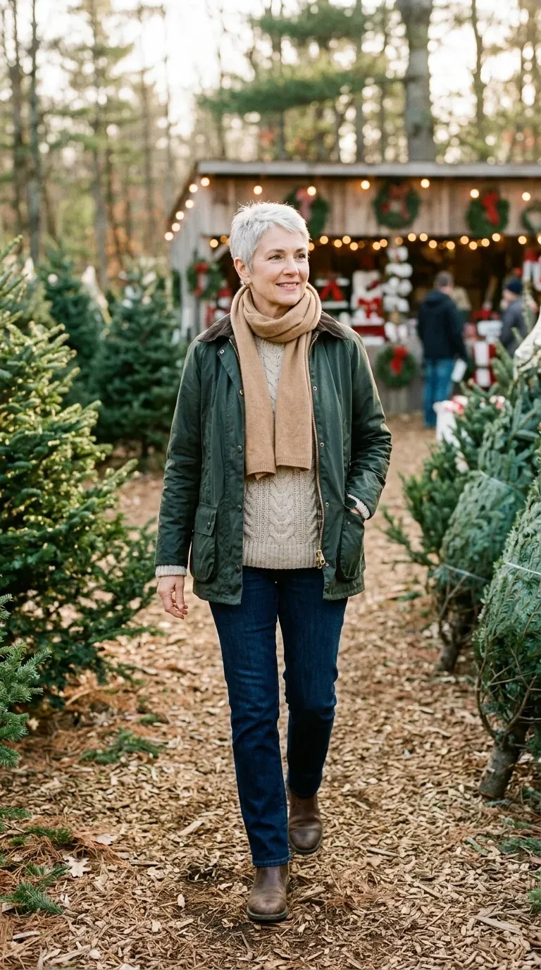 Woman over 50 in forest green wax jacket, oatmeal sweater and dark jeans at a tree farm