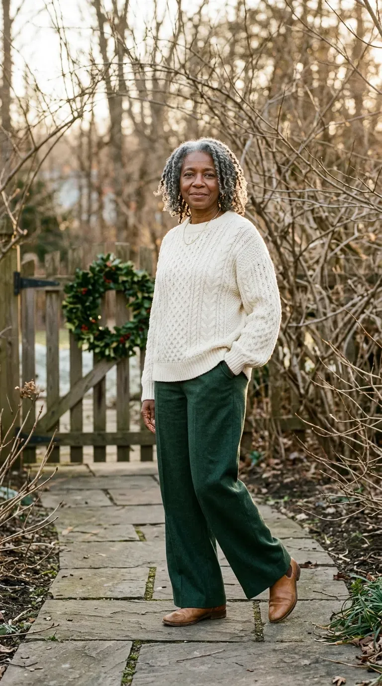 Woman over 50 in forest green wide-leg trousers, ivory knit and tan boots for a Christmas card