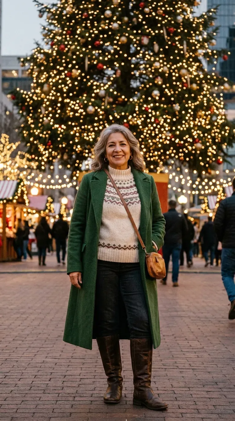 Woman over 50 in forest green wool coat, Fair Isle knit and brown boots at Christmas lights