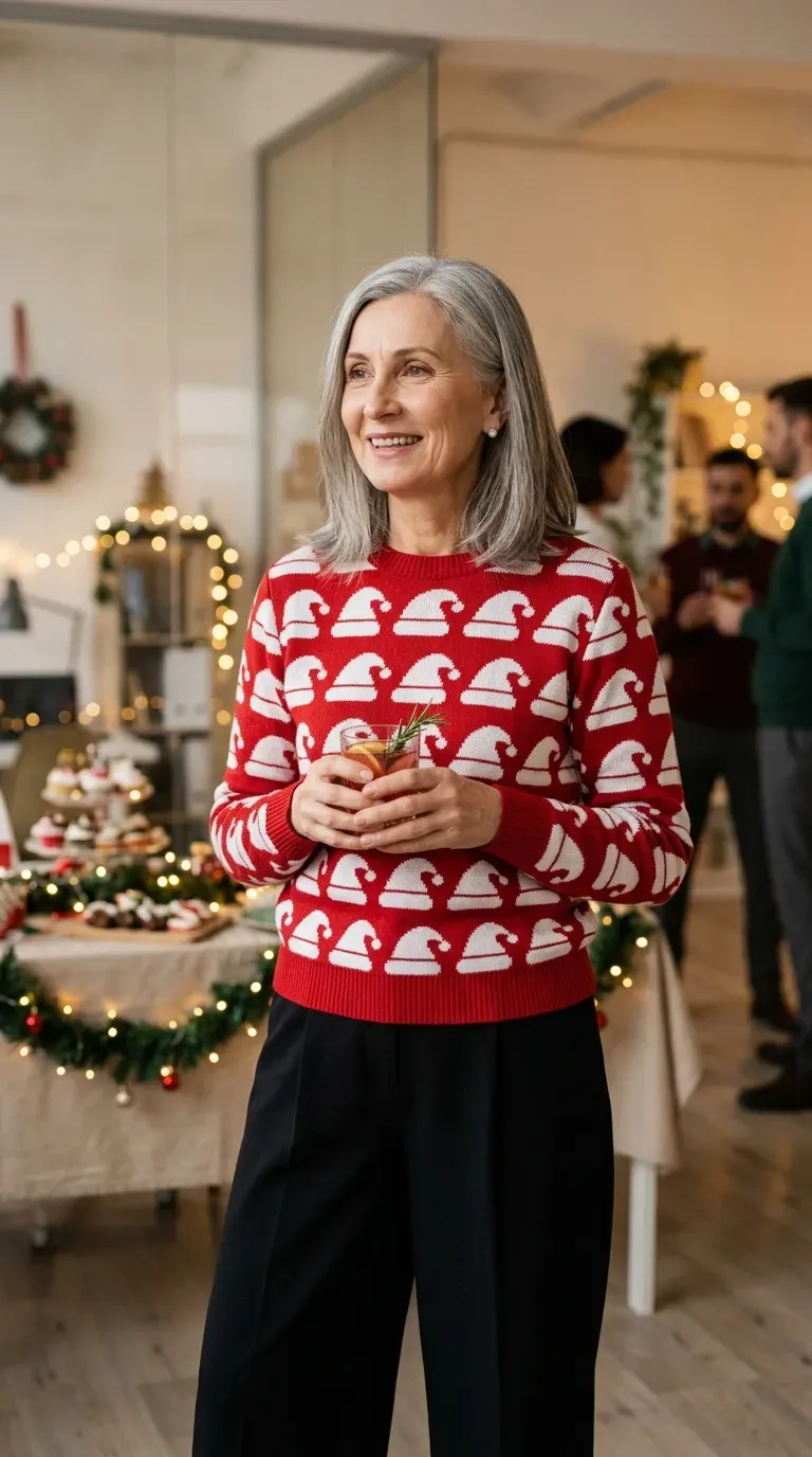 Woman over 50 in gingerbread man sweater, dark jeans and Chelsea boots at a house party