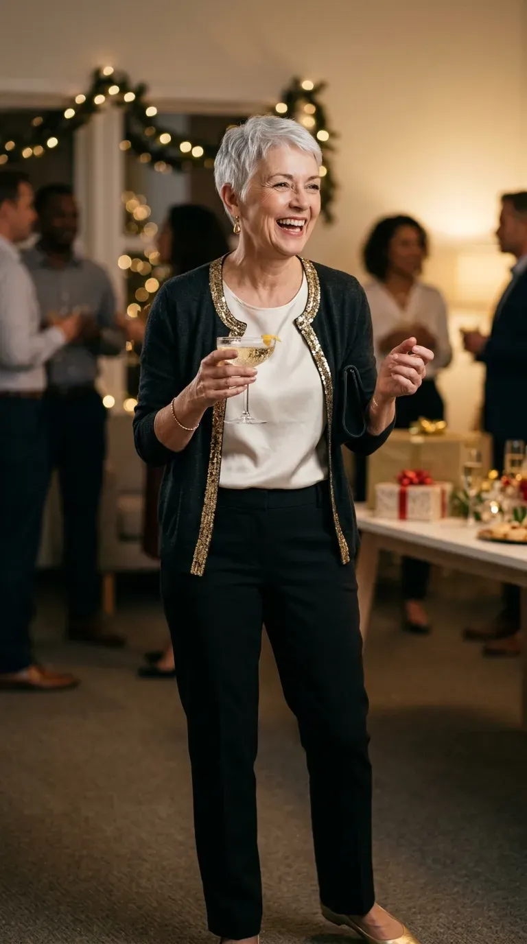Woman over 50 in gold sequin cardigan, white tee and black trousers at an office party