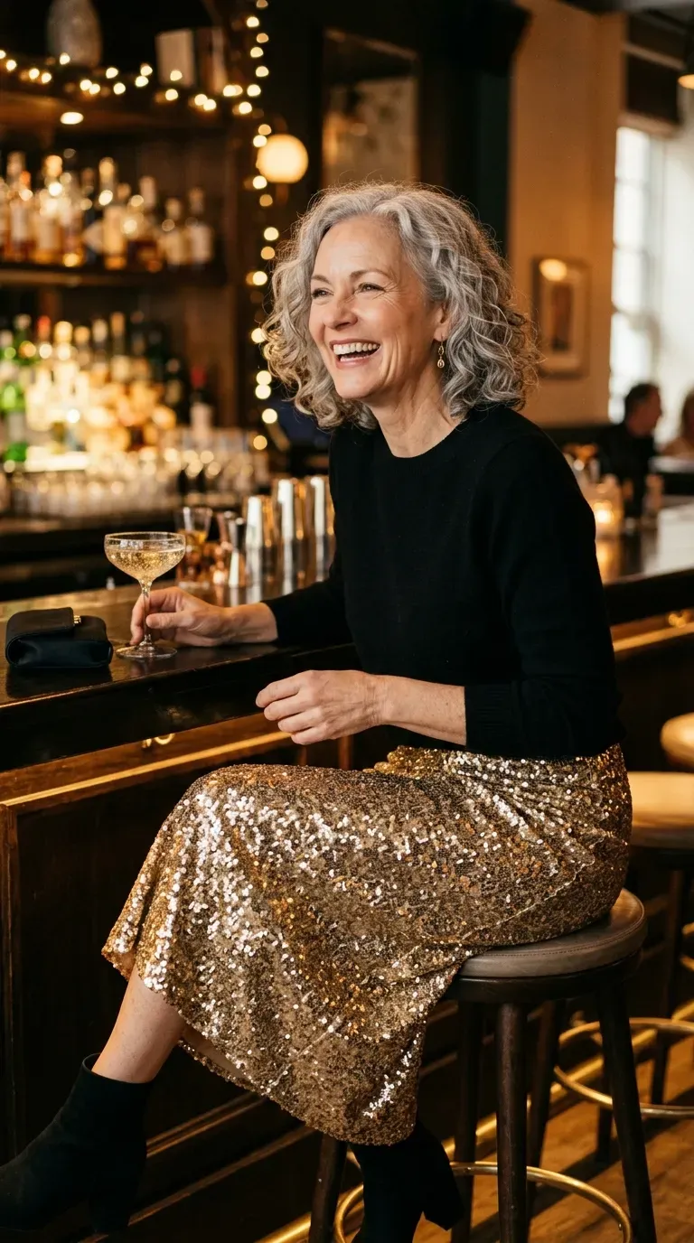 Woman over 50 in gold sequin midi skirt and black sweater on a girls night out