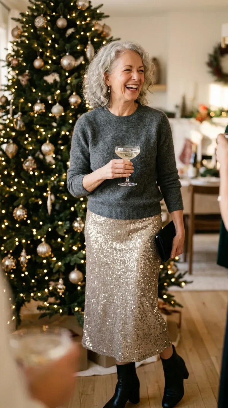 Woman over 50 in gold sequin midi skirt and charcoal sweater at a Christmas dinner