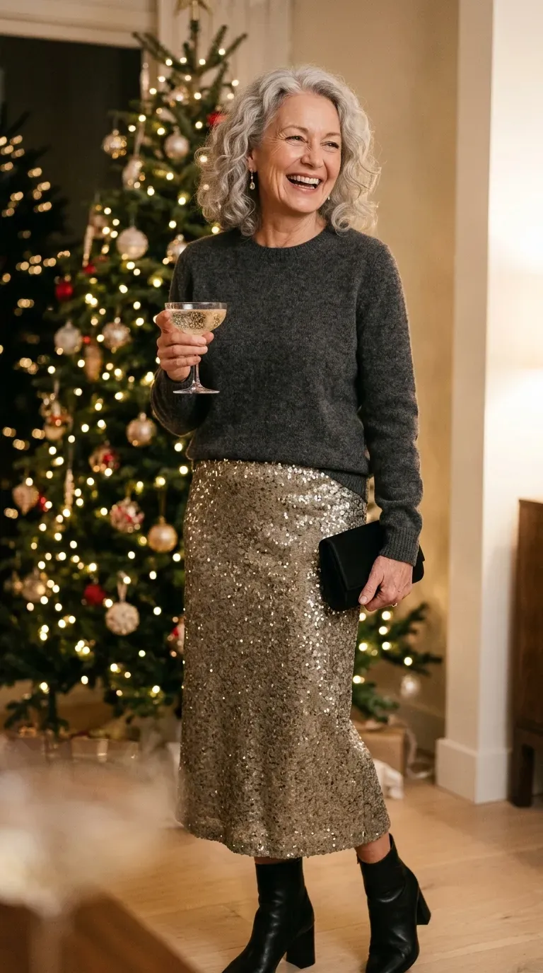 Woman over 50 in gold sequin midi skirt and charcoal sweater at a Christmas Eve party