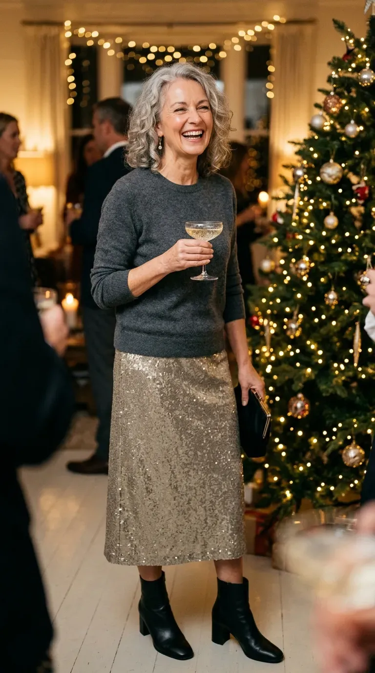 Woman over 50 in gold sequin midi skirt and charcoal sweater at a party