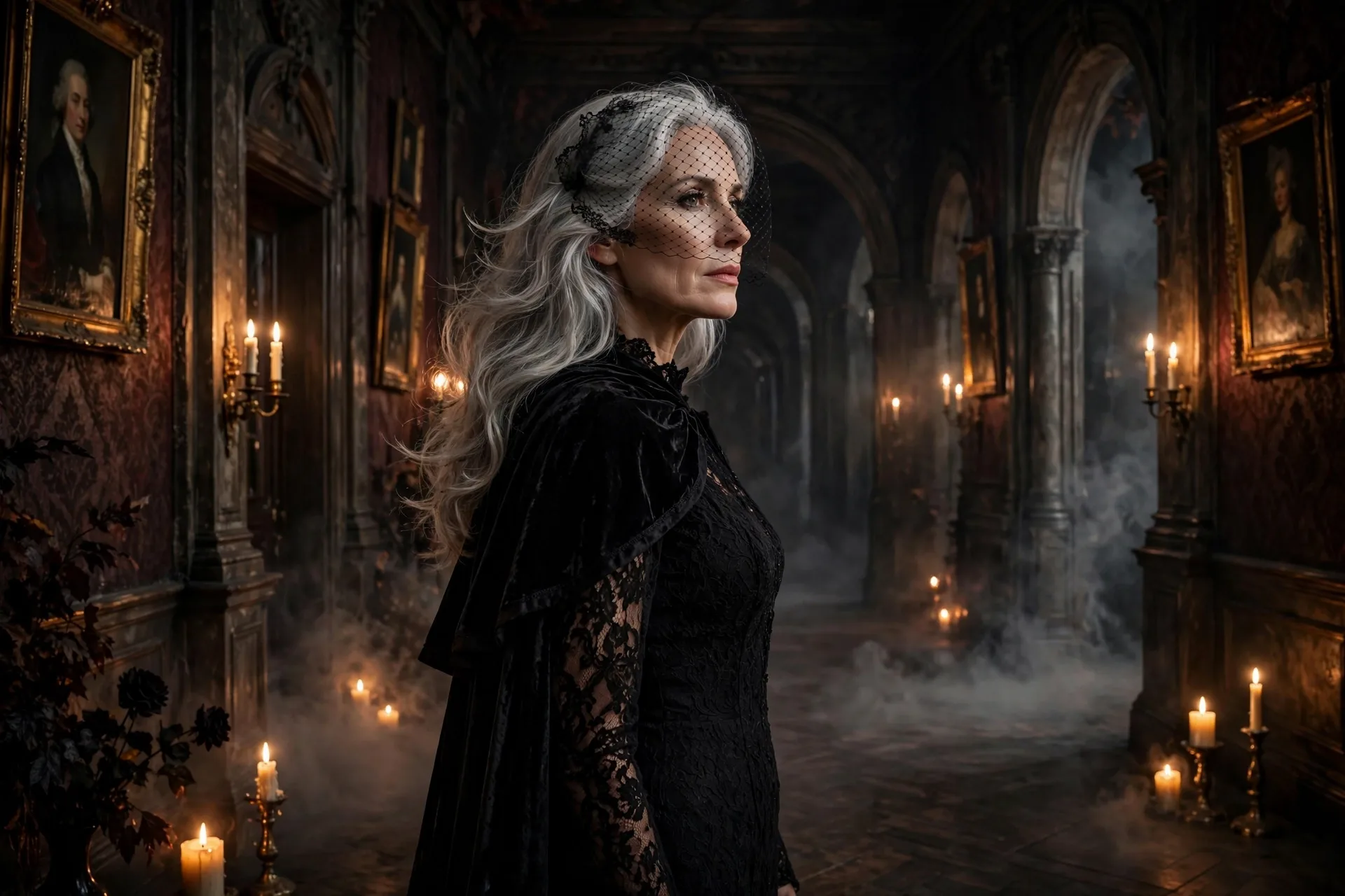 Woman over 50 in a long black gothic gown with a lace veil, a mysterious gothic Halloween look