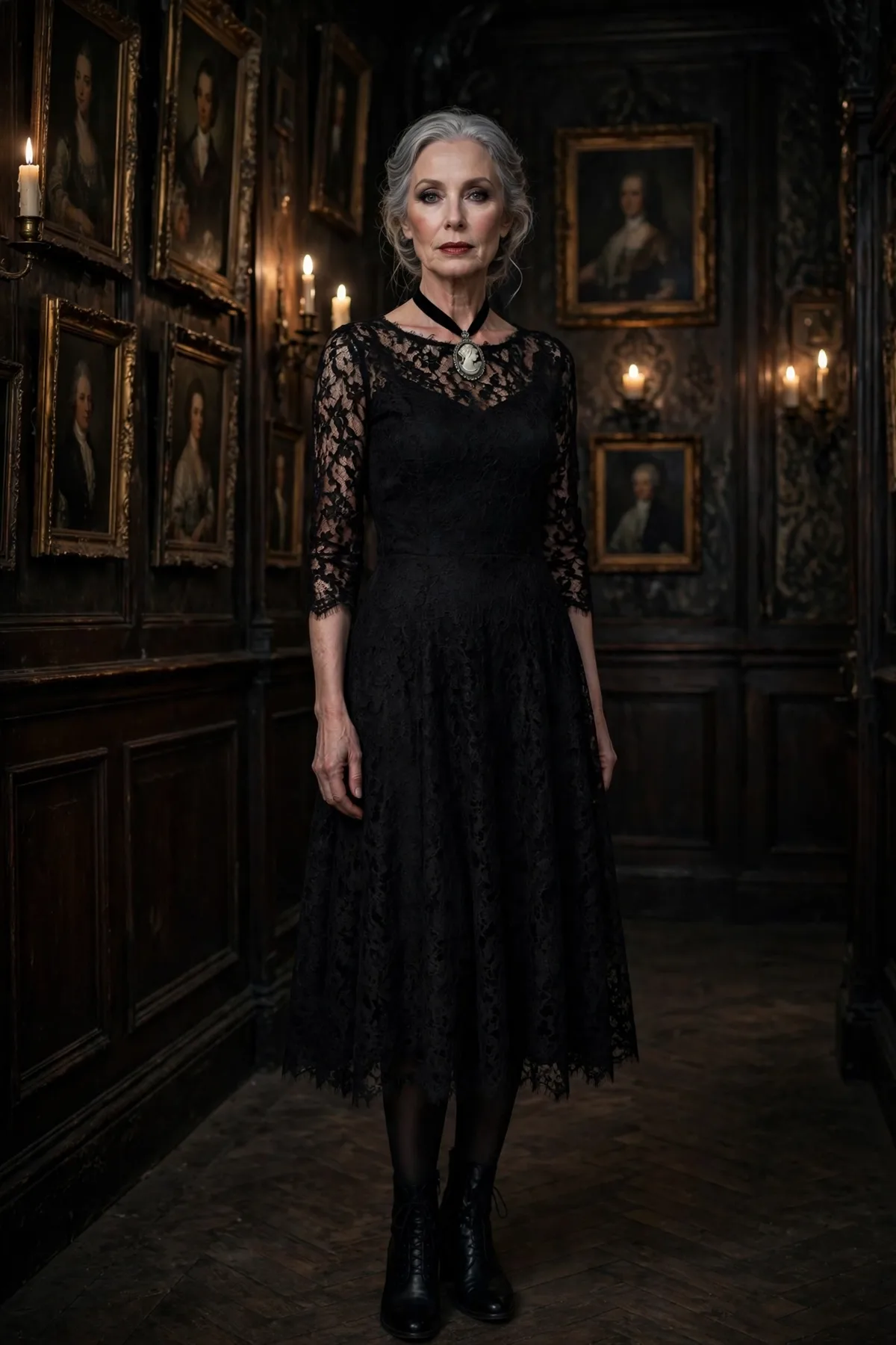 Woman over 50 in a black lace midi dress and cameo necklace, a mysterious gothic Halloween costume.