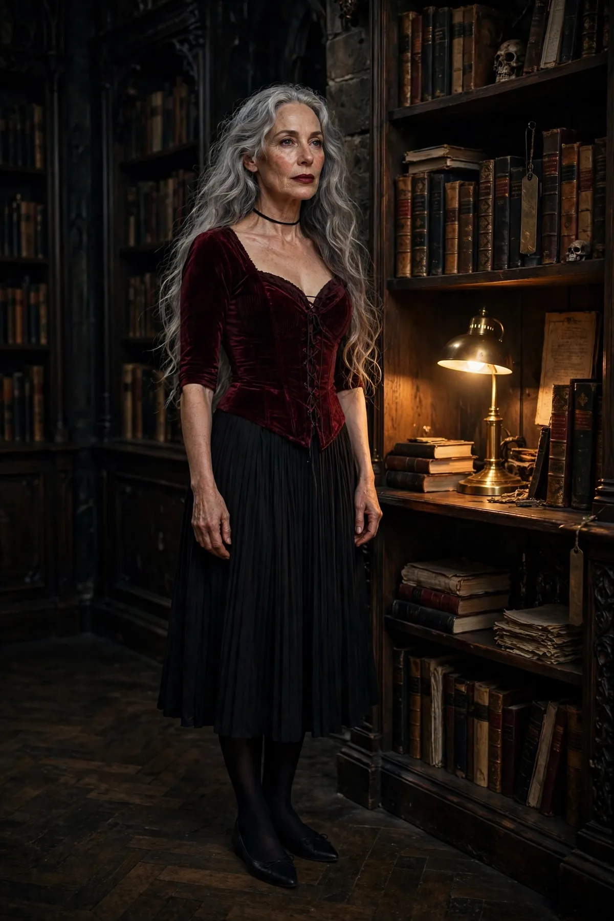 Woman over 50 in a burgundy velvet bodice and black pleated midi skirt, a dark poet gothic Halloween costume.