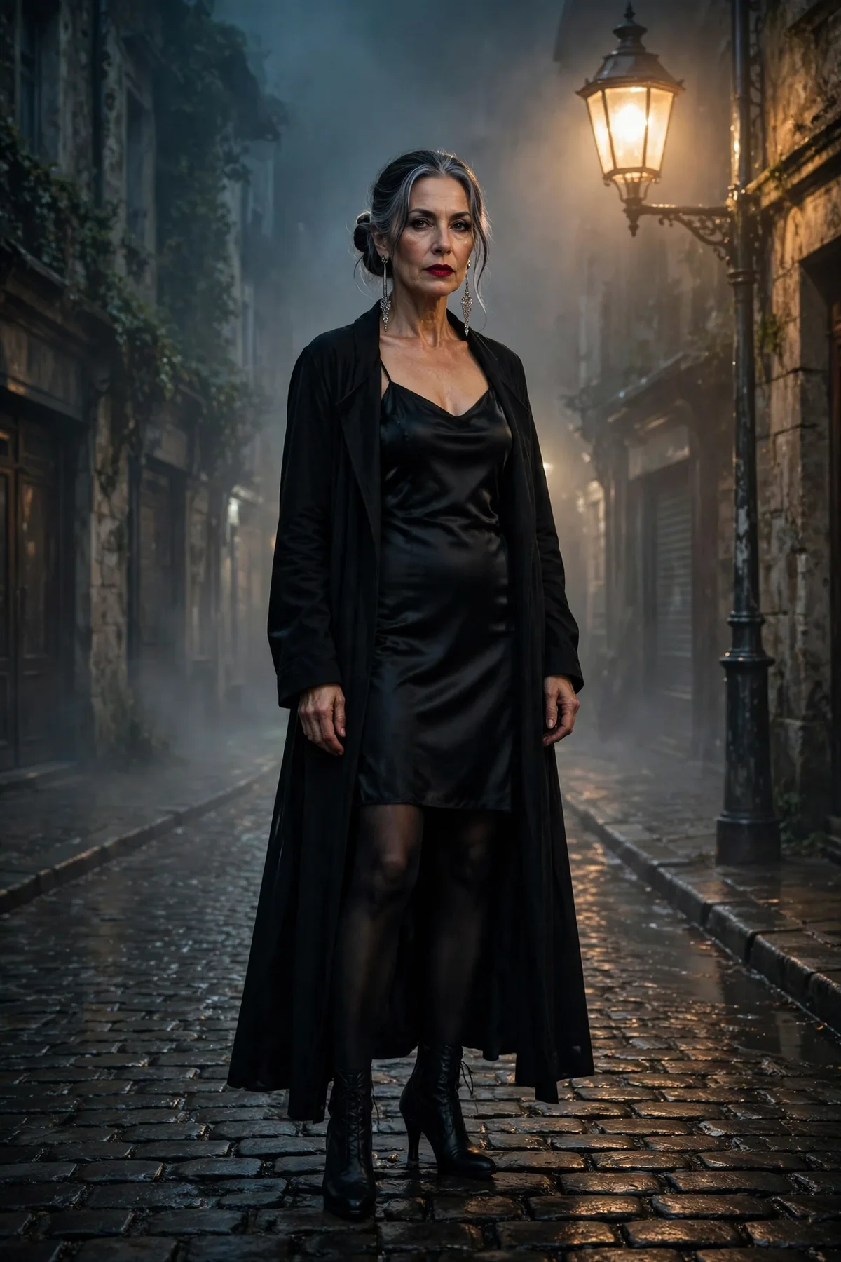 Woman over 50 in a black satin slip dress and long black duster coat, a midnight traveler gothic Halloween costume.