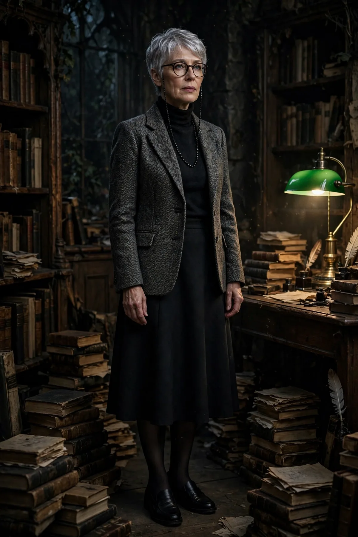 Woman over 50 in a charcoal tweed blazer and black midi skirt, a mysterious gothic scholar Halloween costume.