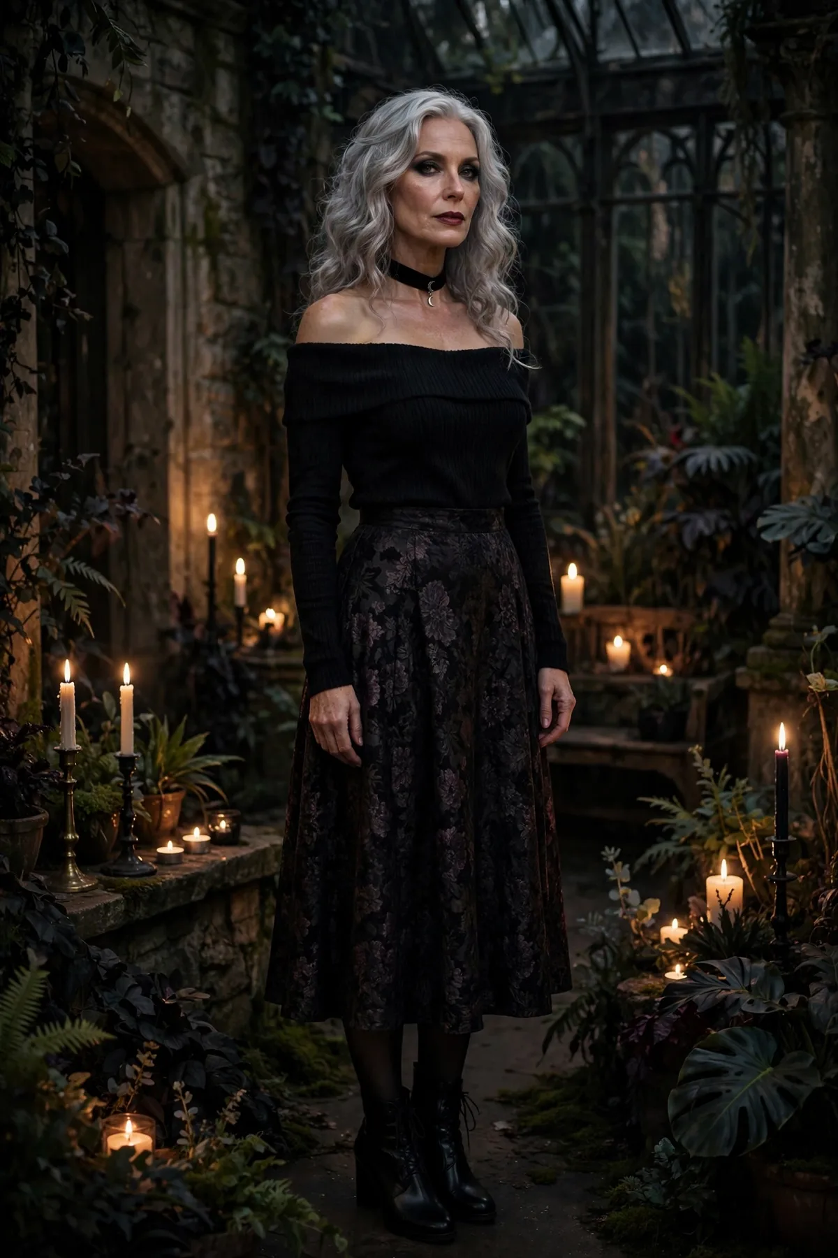Woman over 50 in a black off-shoulder knit and dark brocade midi skirt, a gothic enchantress Halloween costume.