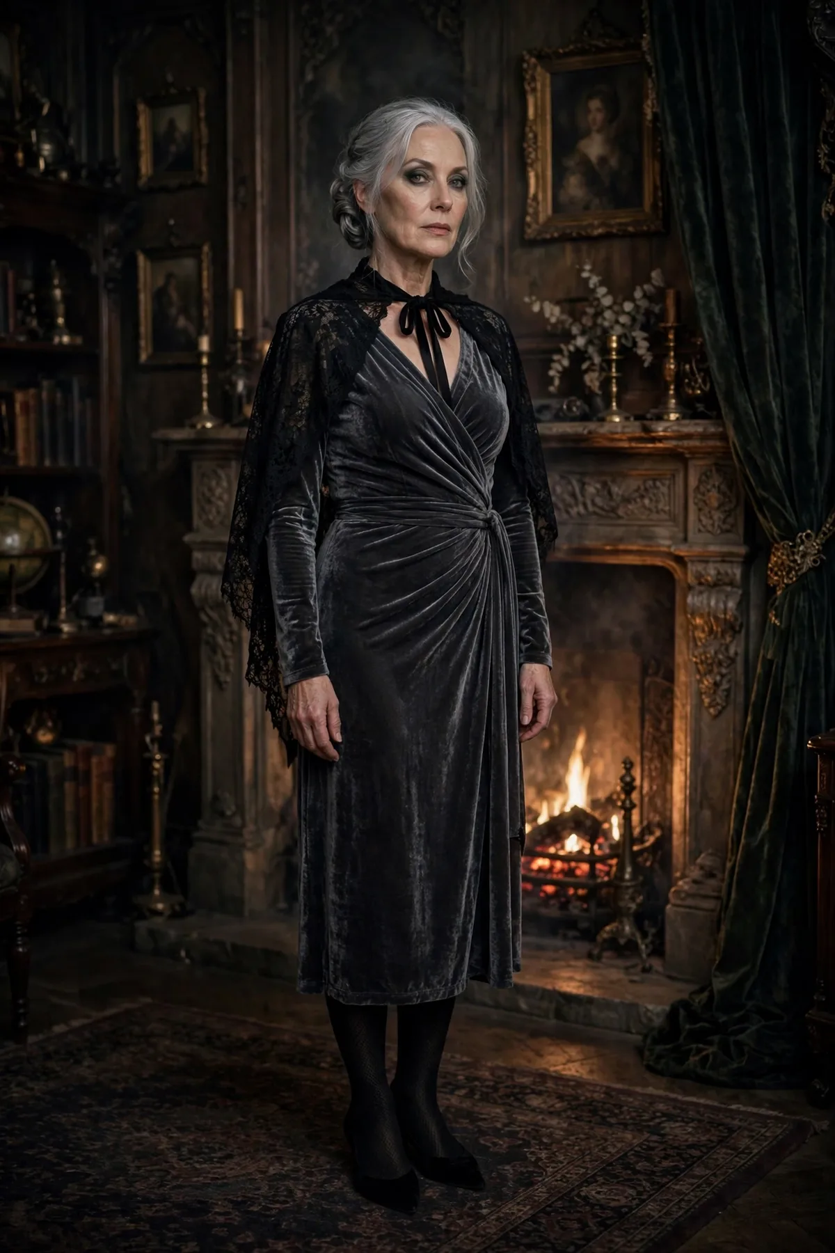 Woman over 50 in a gray velvet wrap dress and black lace capelet, a veiled Victorian gothic Halloween costume.
