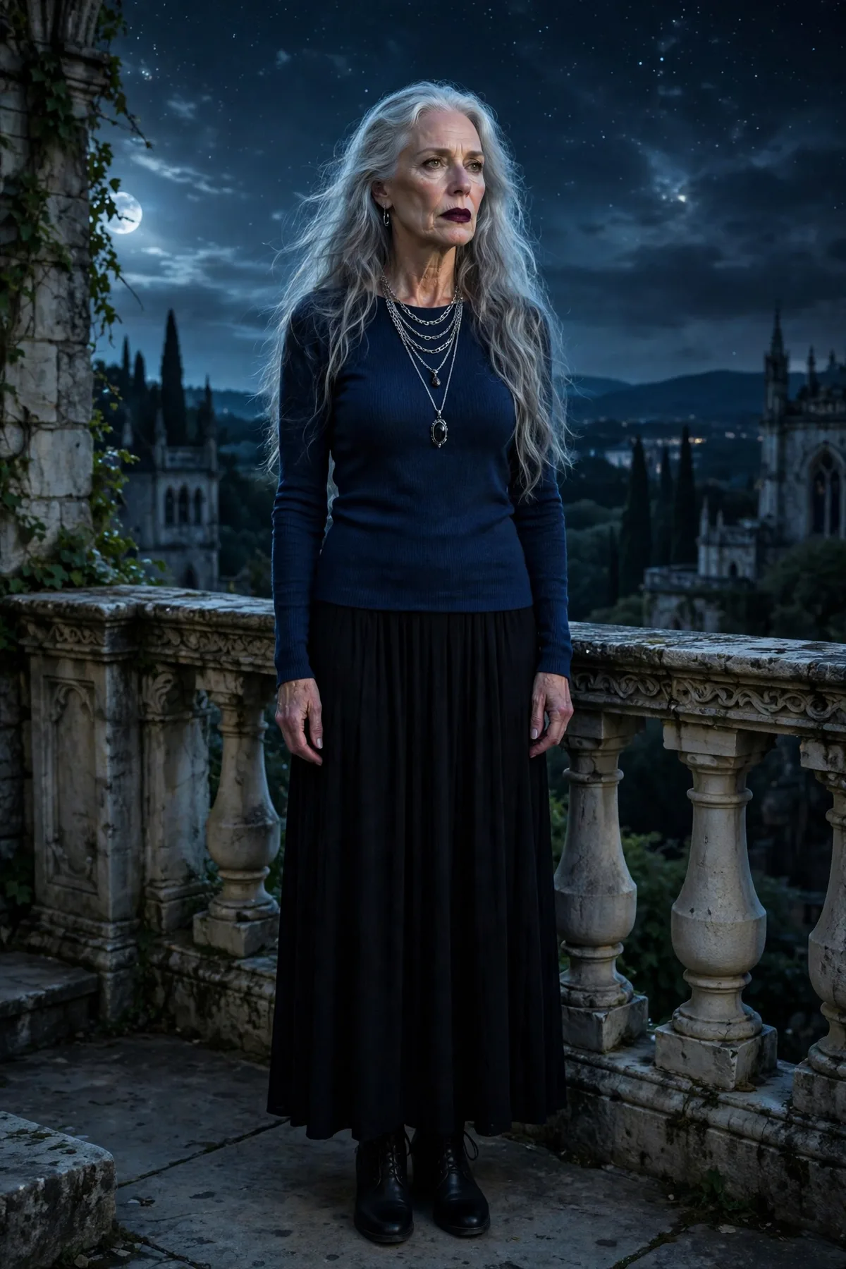 Woman over 50 in a midnight blue knit and black maxi skirt, a midnight mourner gothic Halloween costume.