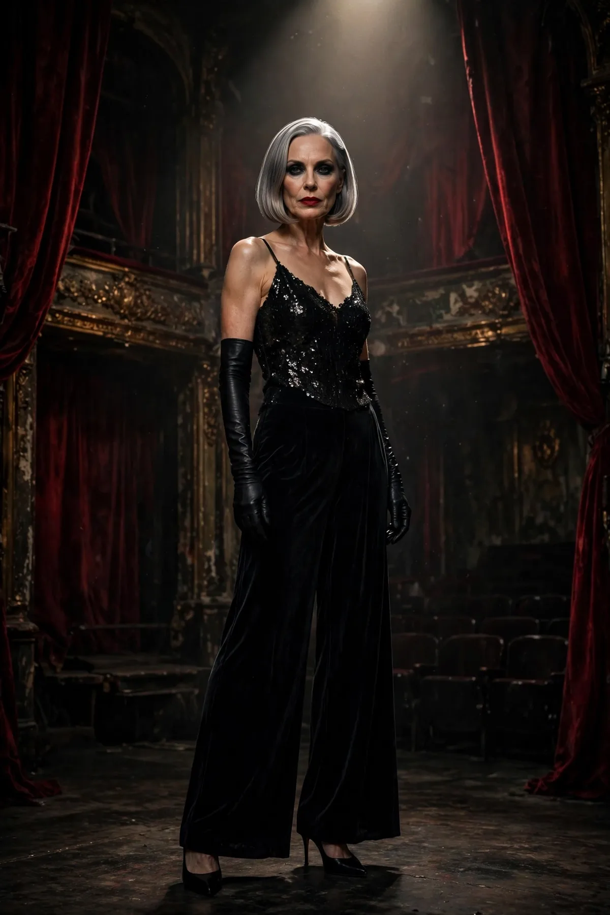 Woman over 50 in a black sequin camisole and black velvet trousers, a dark cabaret gothic Halloween costume.