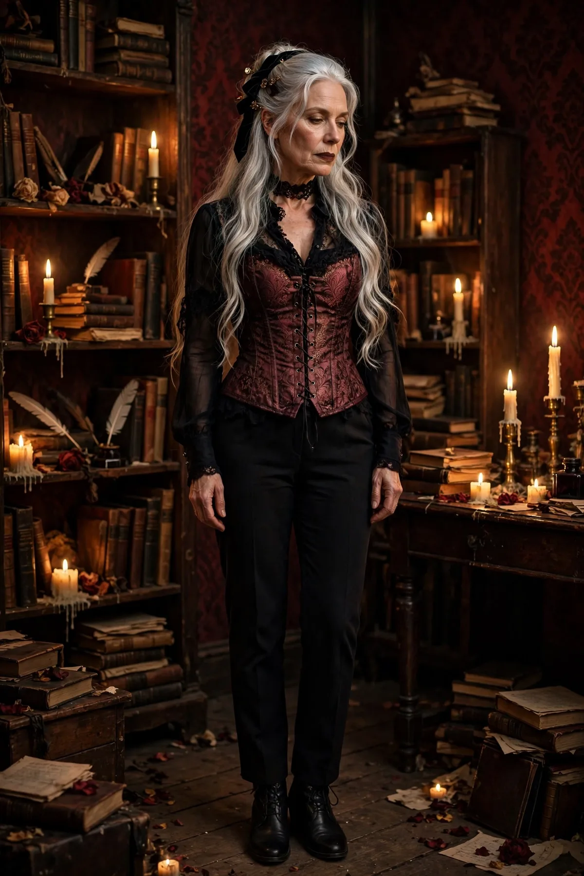 Woman over 50 in a dark rose brocade corset and black trousers, a dark romantic poet gothic Halloween costume.