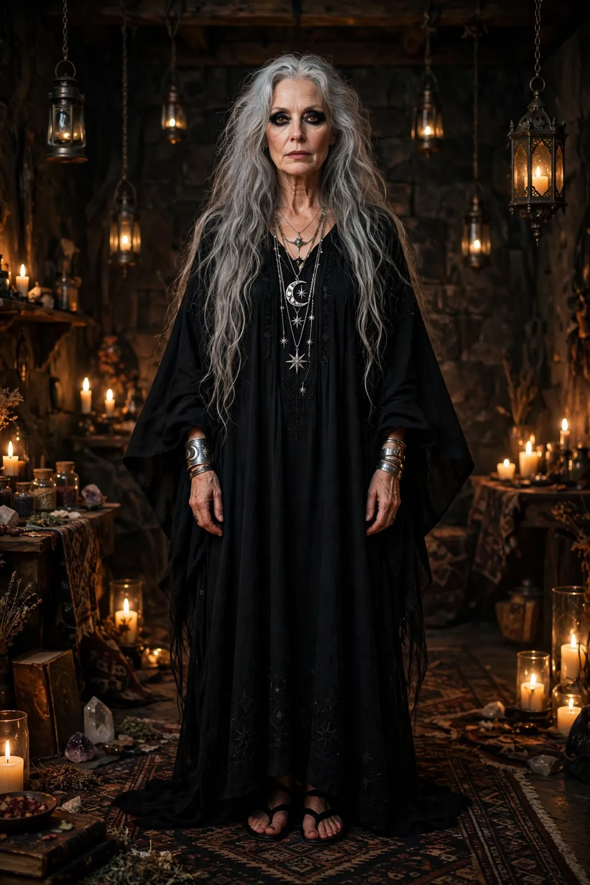 Woman over 50 in a long black kaftan and layered silver necklaces, a dark oracle gothic Halloween costume.