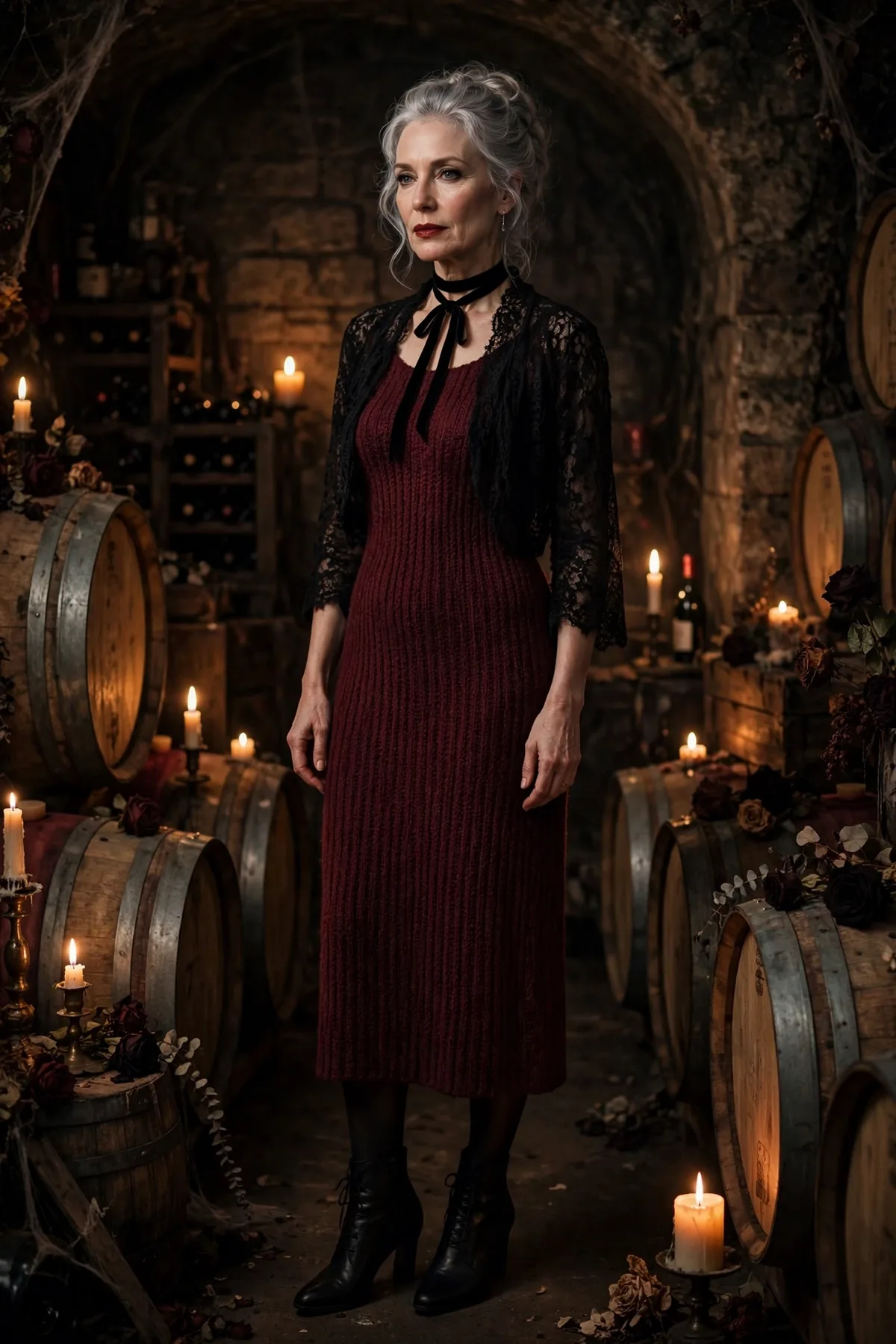 Woman over 50 in a wine knit midi dress and black lace bolero, a dark rose gothic Halloween costume.