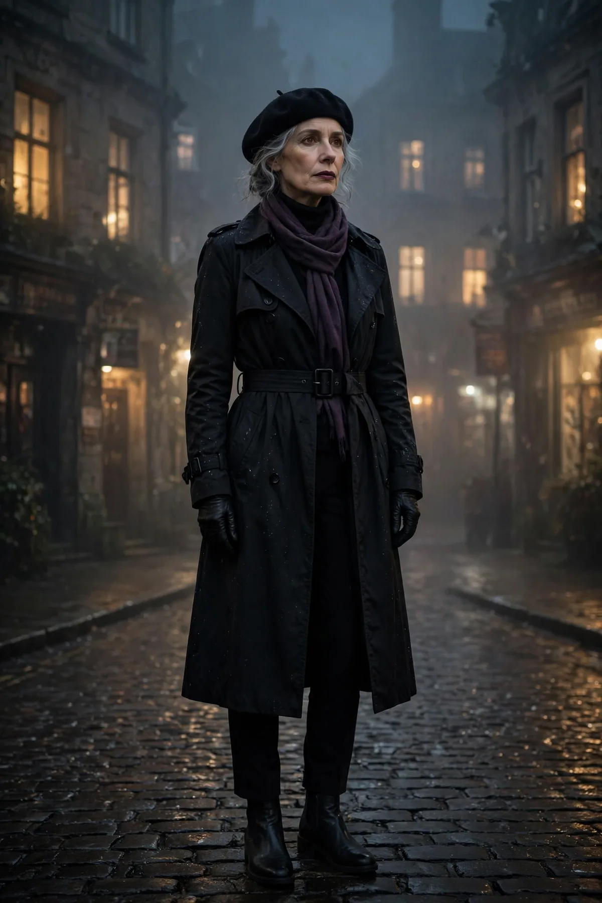 Woman over 50 in a black trench coat and dark scarf, a night watcher gothic Halloween costume.