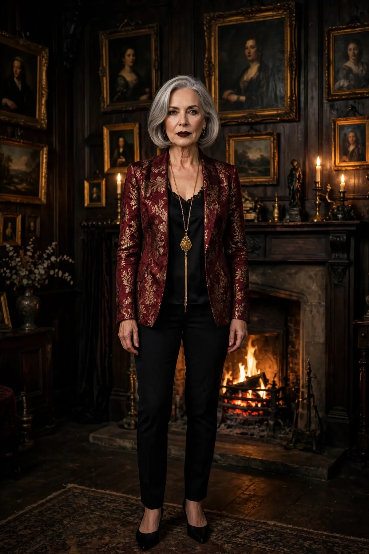 Woman over 50 in a burgundy brocade blazer and black slim trousers, a gothic lady Halloween costume.