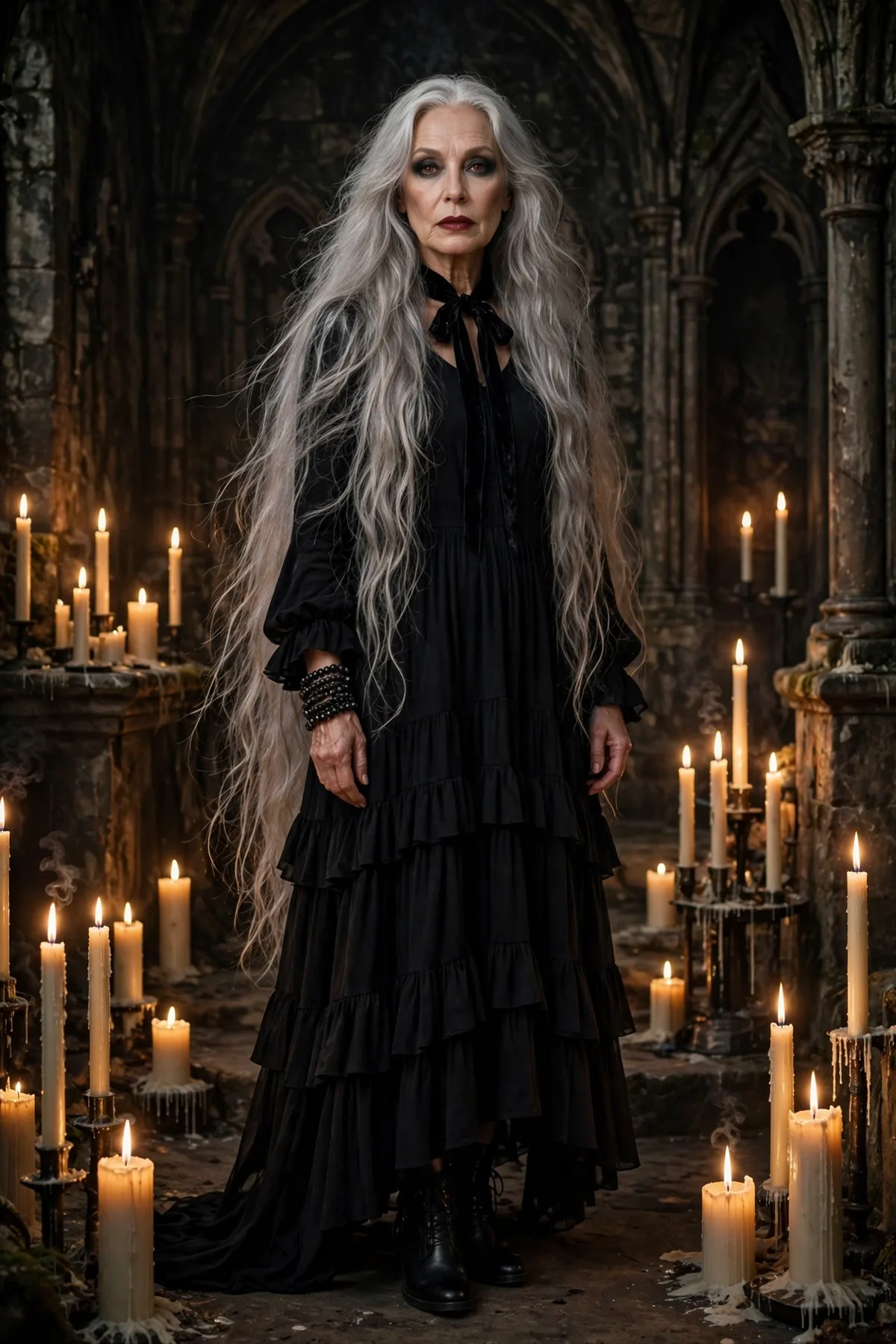 Woman over 50 in a black tiered maxi dress and velvet ribbon choker, a gothic priestess Halloween costume.