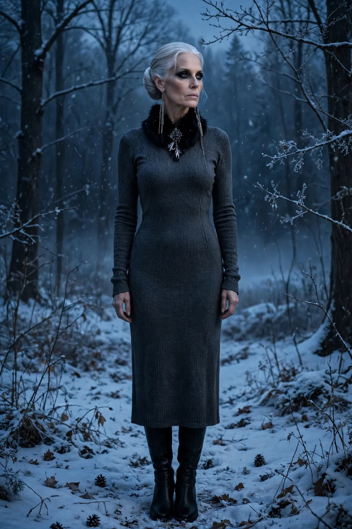 Woman over 50 in a dark gray knit dress and faux fur collar, a frost widow gothic Halloween costume.