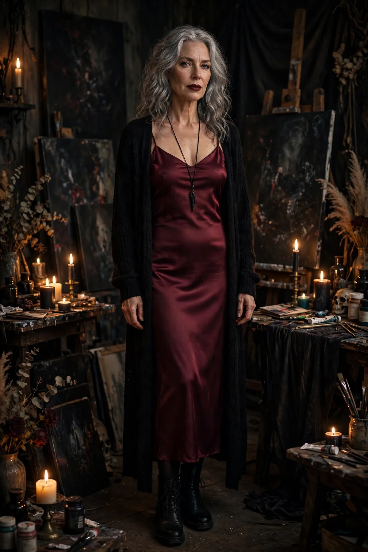 Woman over 50 in a burgundy slip dress and black maxi cardigan, a dark bohemian gothic Halloween costume.