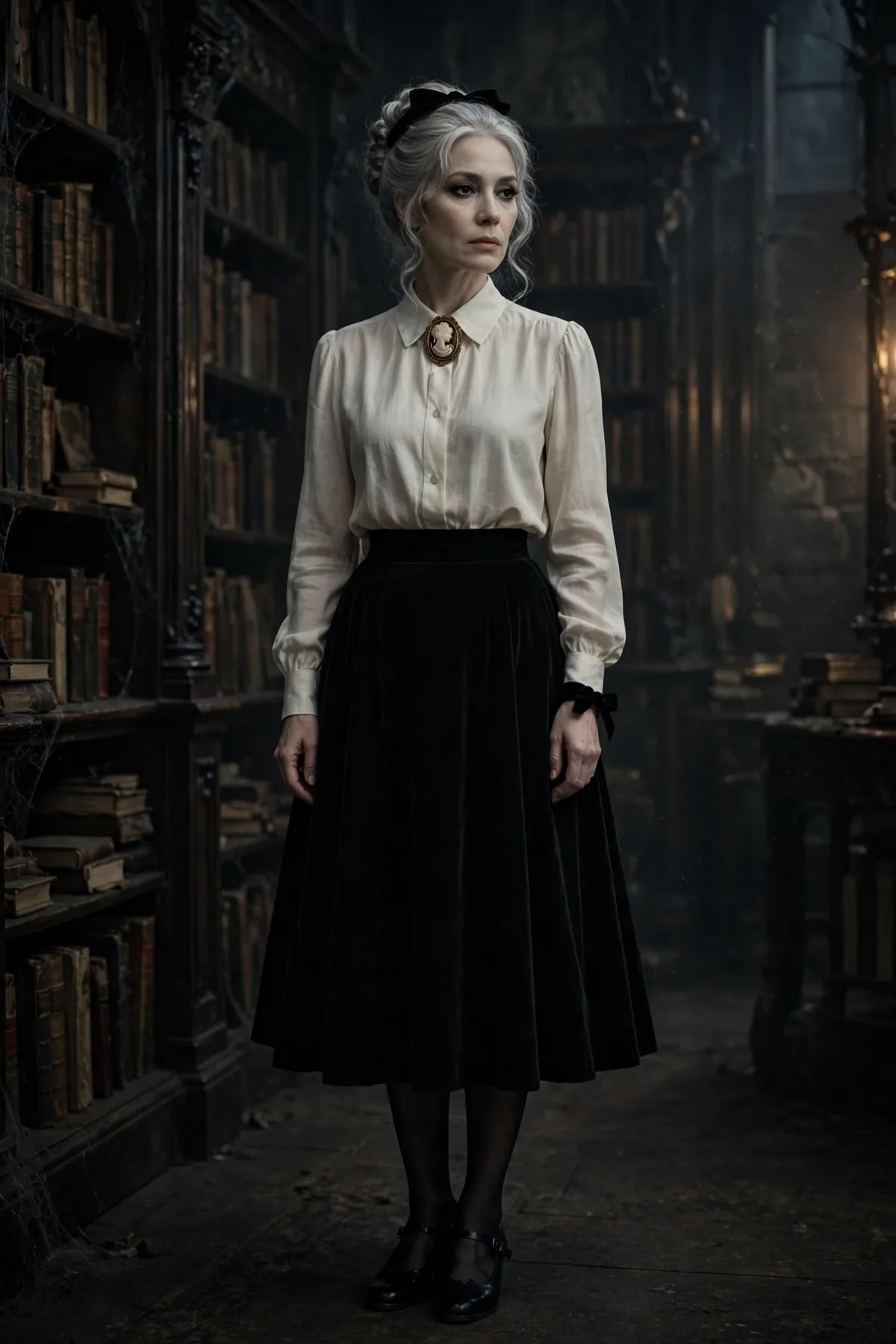 Woman over 50 in an ivory cameo blouse and black velvet midi skirt, a haunted heiress gothic Halloween costume.