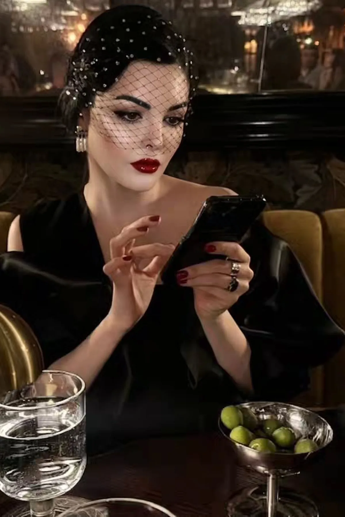 Woman over 50 in a black dress with a birdcage veil headband and lace gloves, a veiled muse gothic Halloween costume.