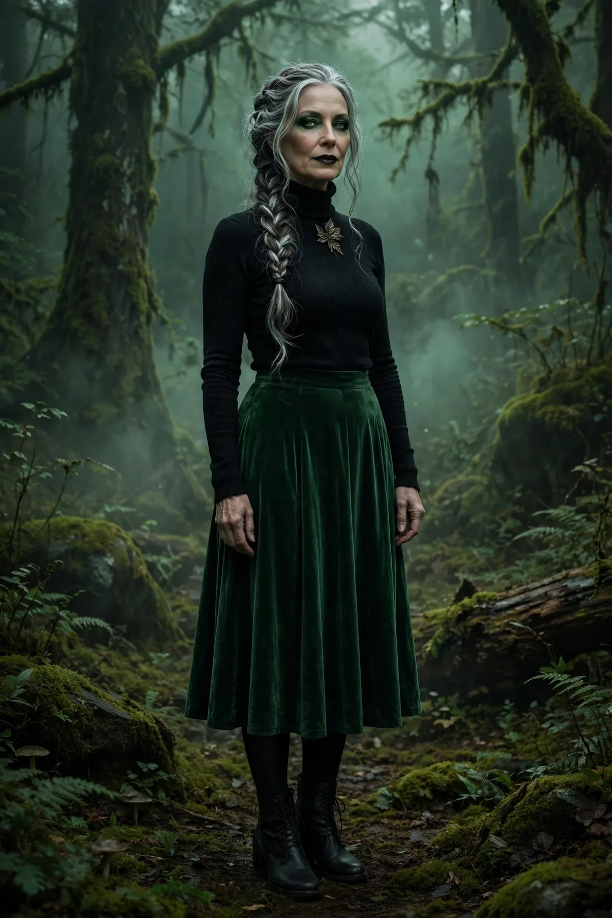 Woman over 50 in a forest green velvet skirt and black turtleneck, a woodland dark fairy gothic Halloween costume.