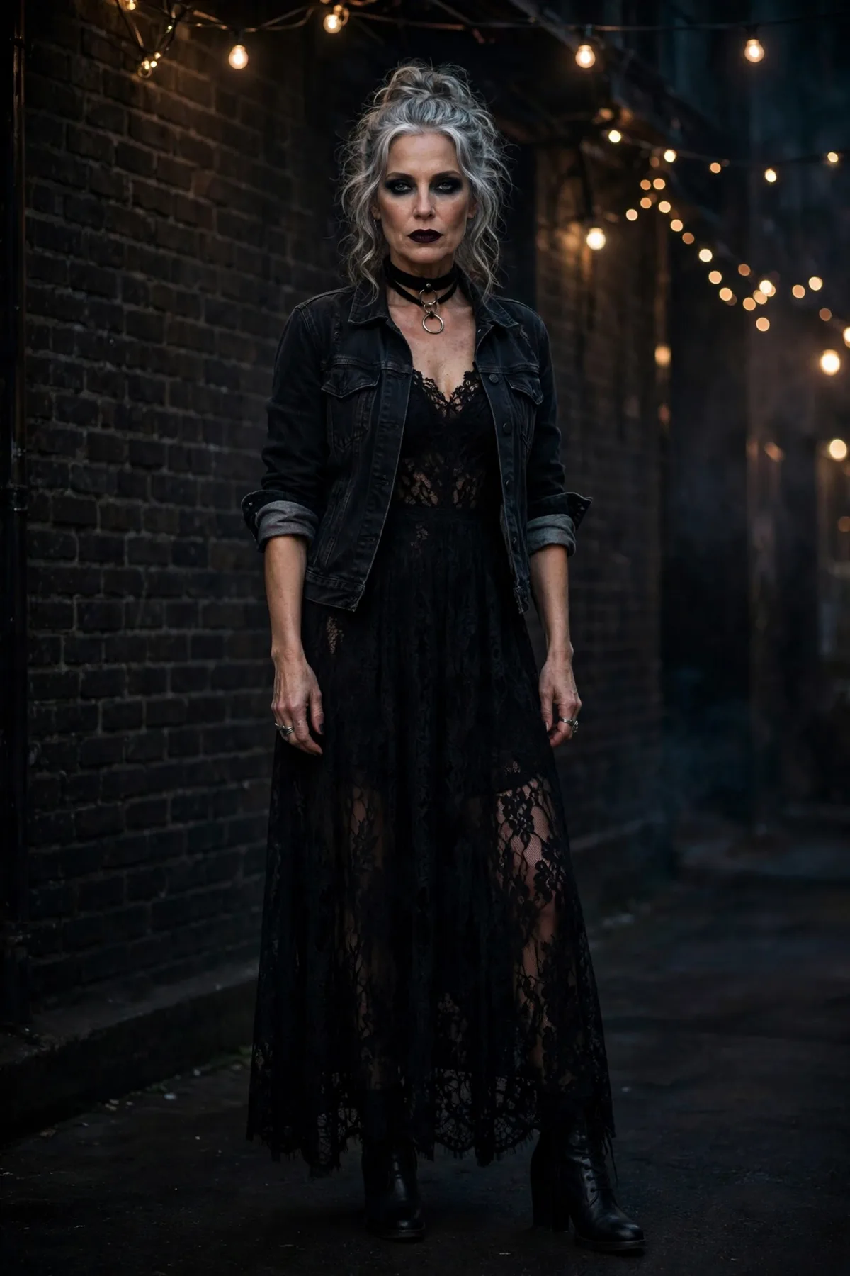 Woman over 50 in a black lace maxi dress and black denim jacket, a dark biker gothic Halloween costume.