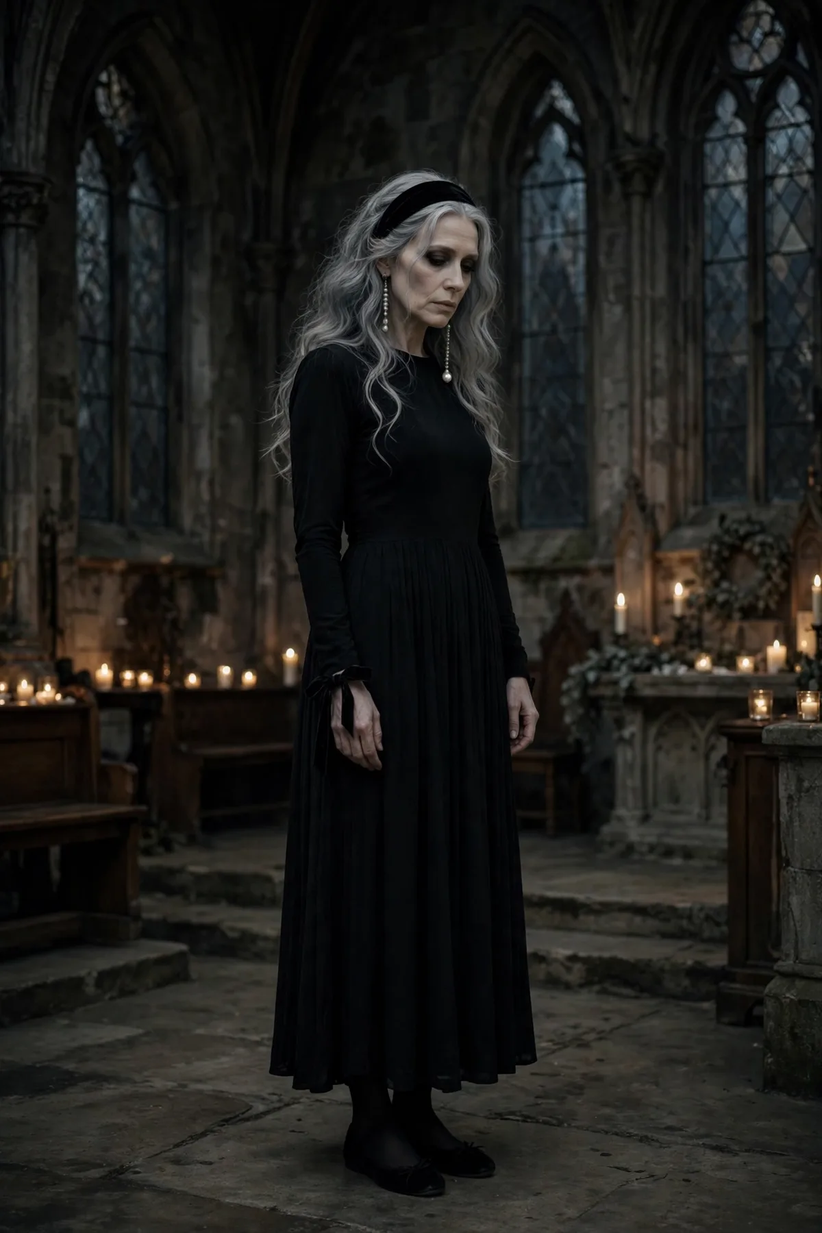 Woman over 50 in a black maxi dress with a black velvet headband and pearl drops, a sorrowful saint gothic Halloween costume.