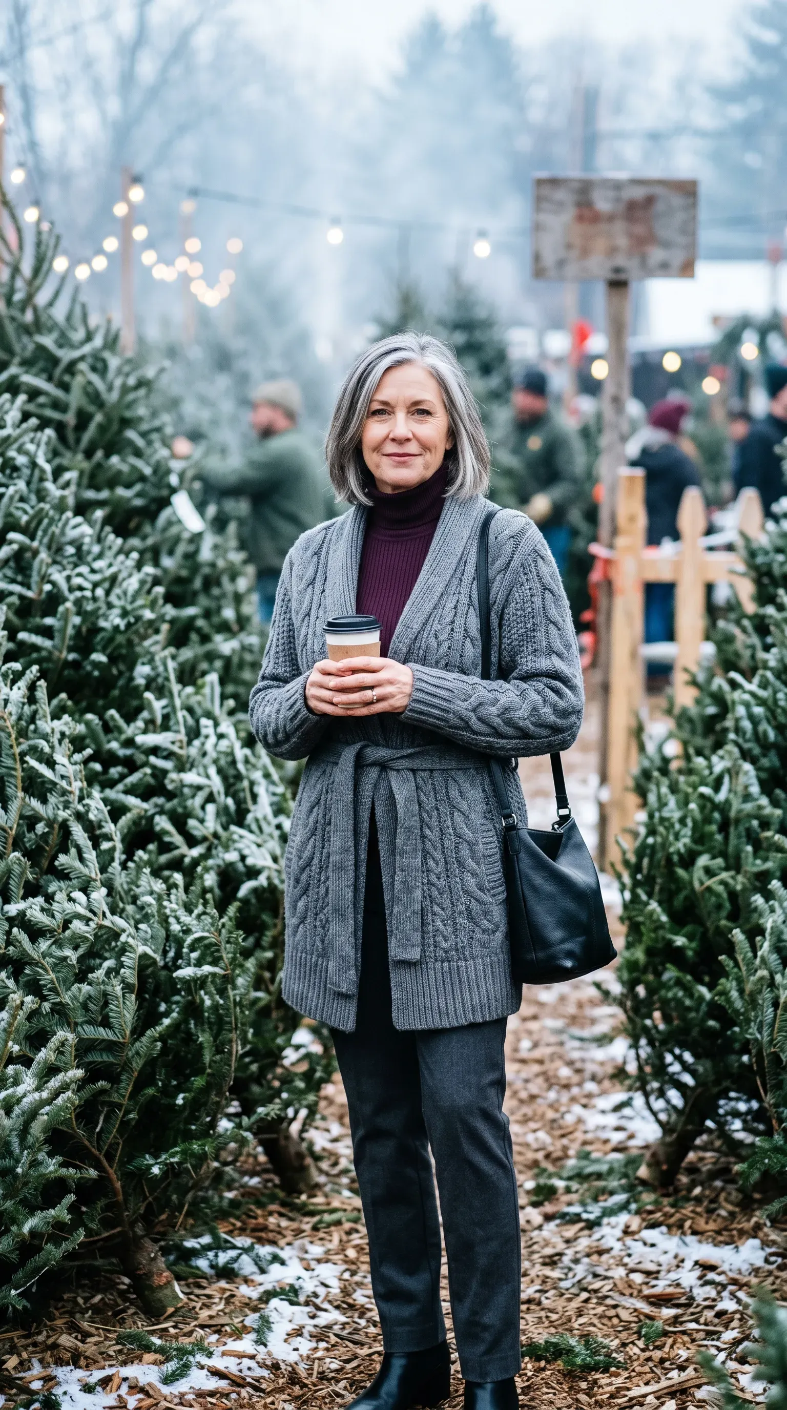 Woman in gray cable cardigan coat and plum turtleneck at a Christmas tree lot