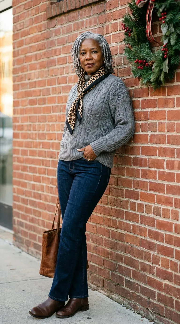 Black woman in a gray cable sweater and indigo jeans leaning against a red brick wall