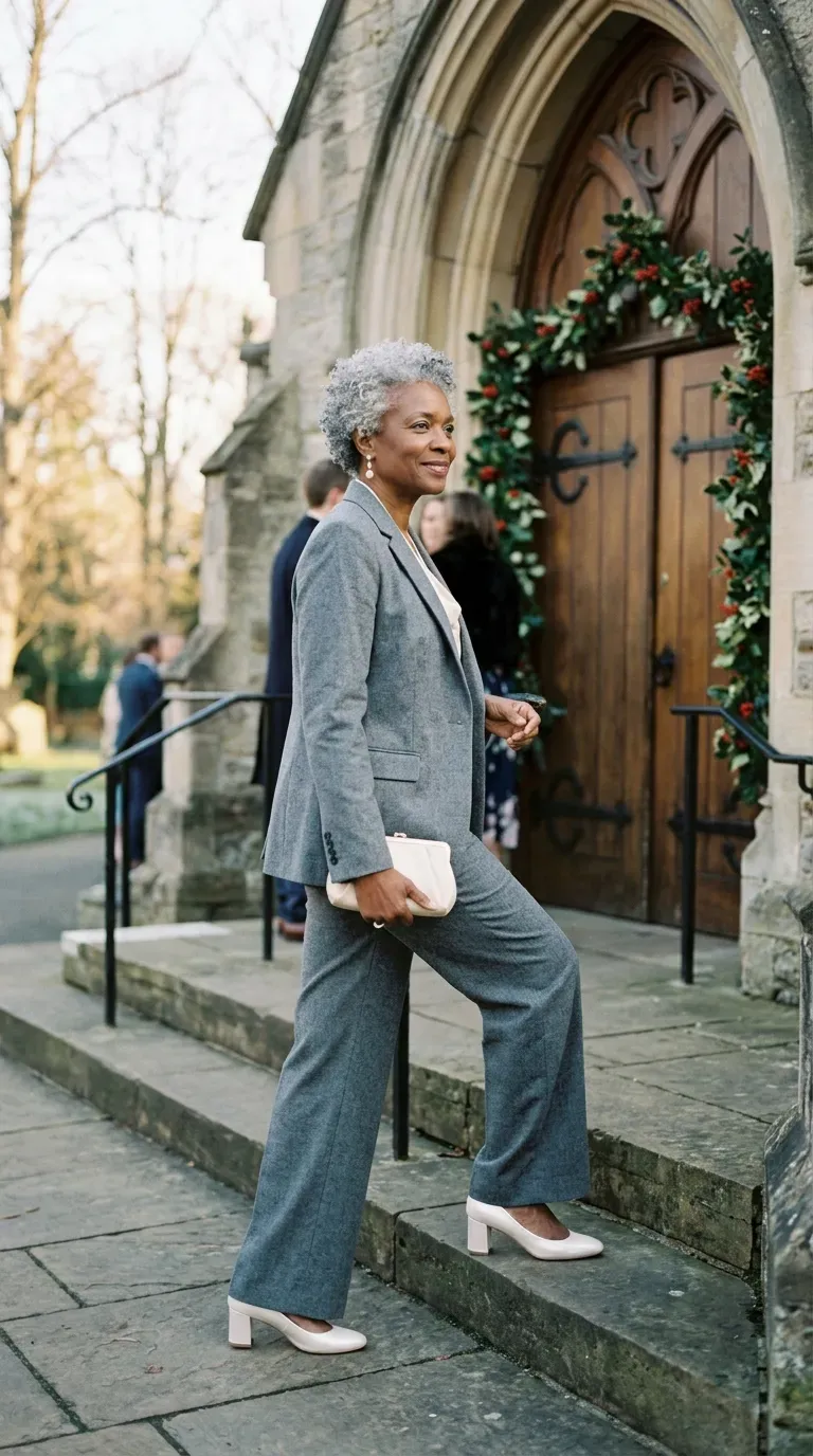 Woman over 50 in gray flannel suit and ivory silk blouse at a winter wedding