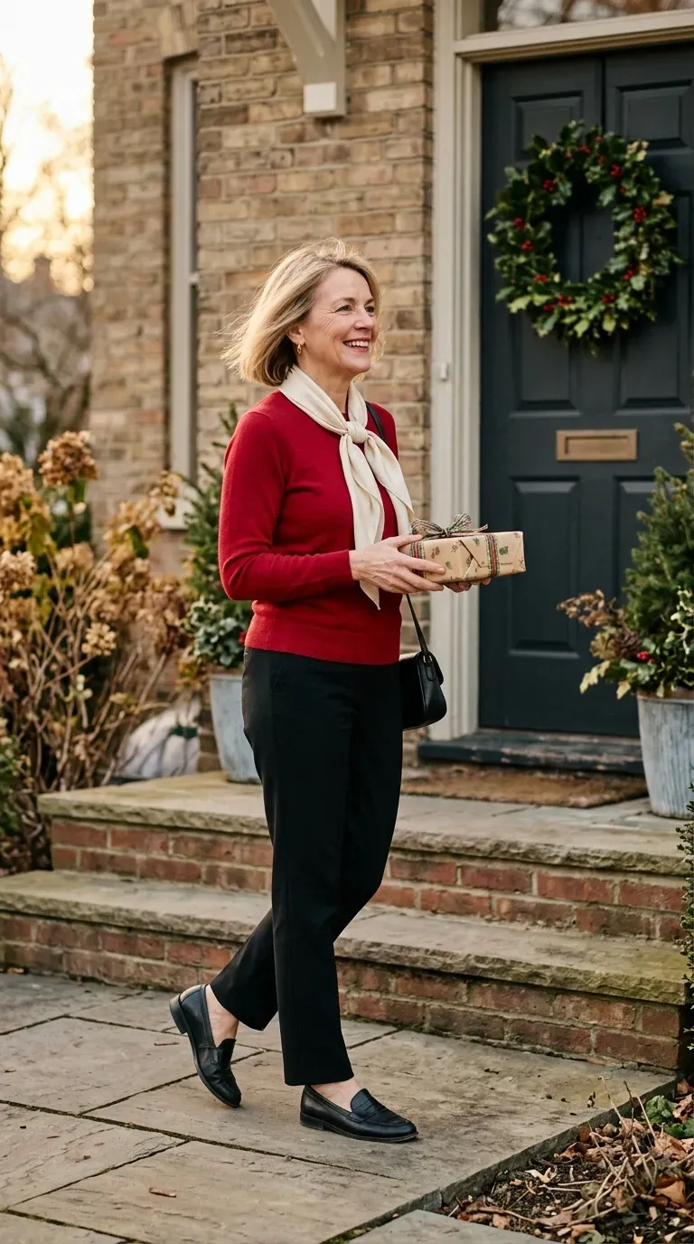 Woman over 50 in gray flannel trousers, burgundy cardigan and brown loafers at a Christmas family gathering