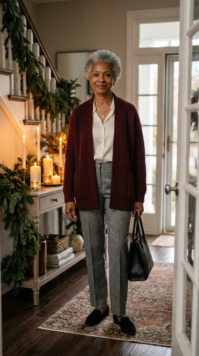 Woman over 50 in gray flannel trousers and burgundy cardigan in a candlelit entryway