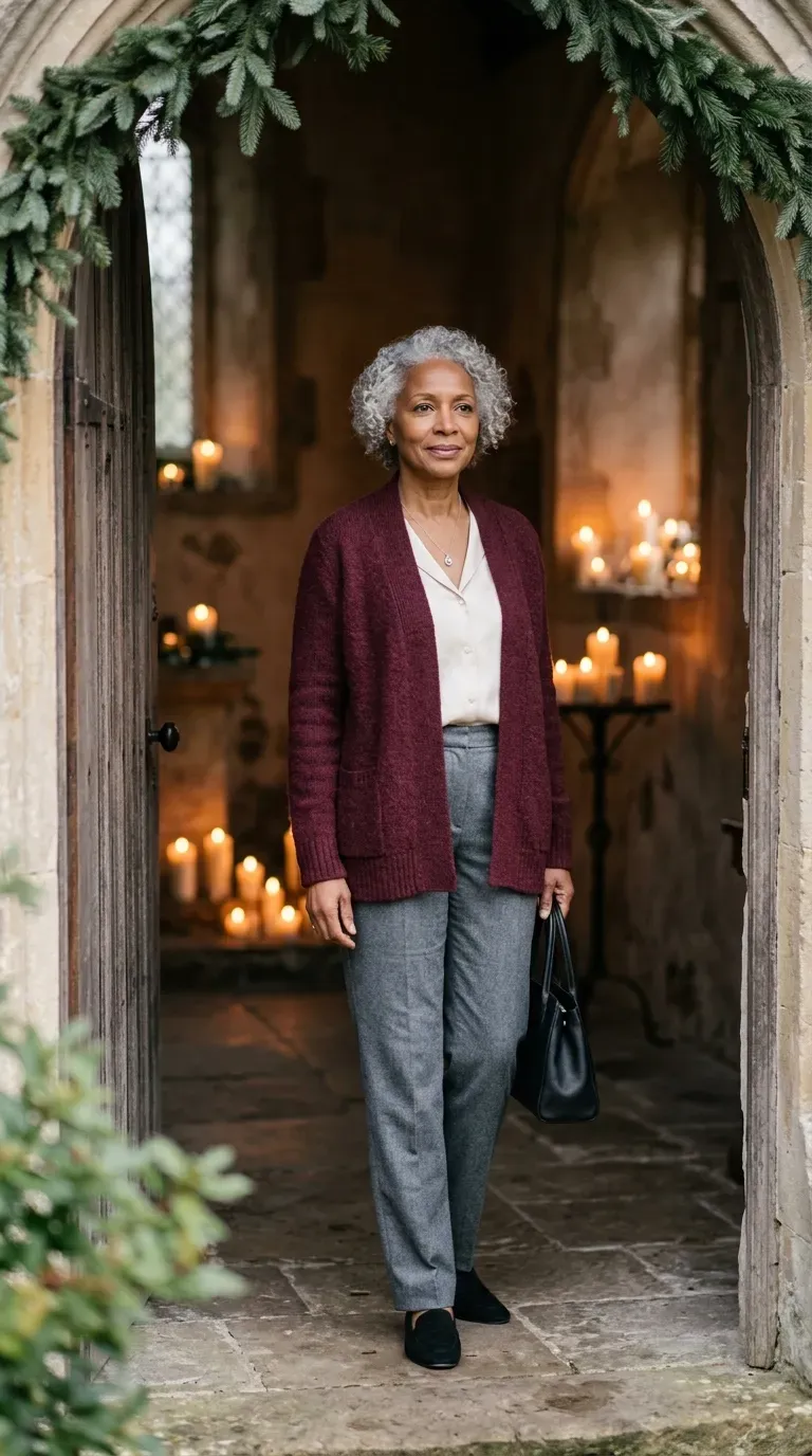 Woman over 50 in gray flannel trousers, burgundy cardigan and loafers at a candlelight service