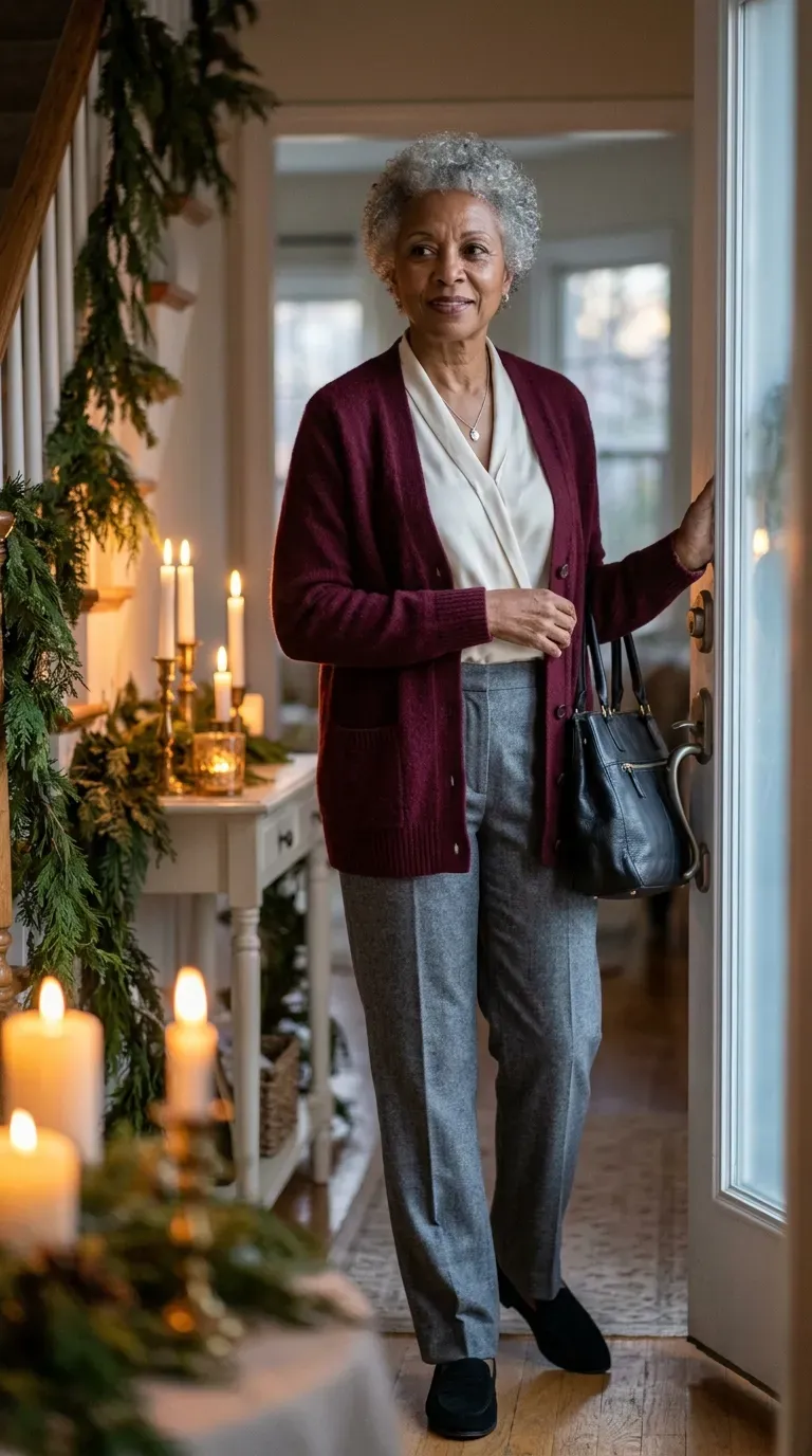 Woman over 50 in gray flannel trousers, burgundy cardigan and loafers at a candlelit entrance
