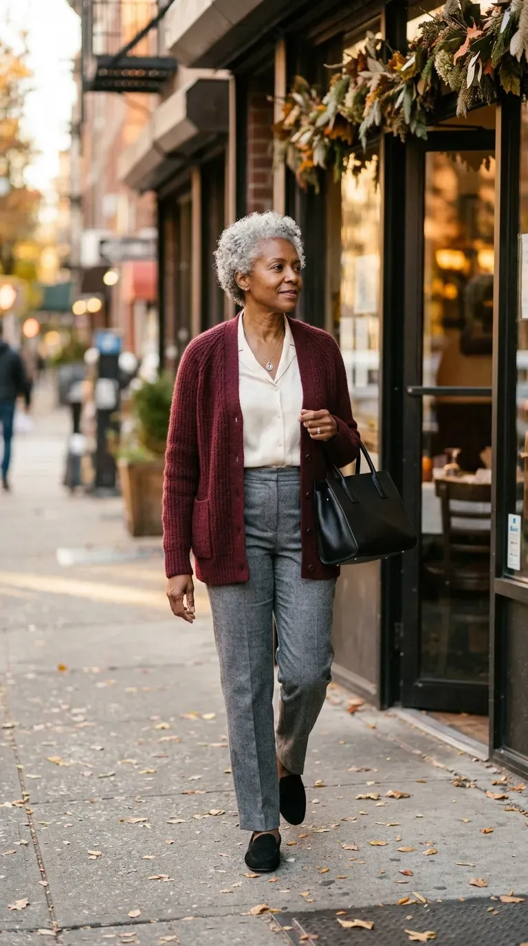 Woman over 50 in gray flannel trousers, burgundy cardigan and loafers near a restaurant