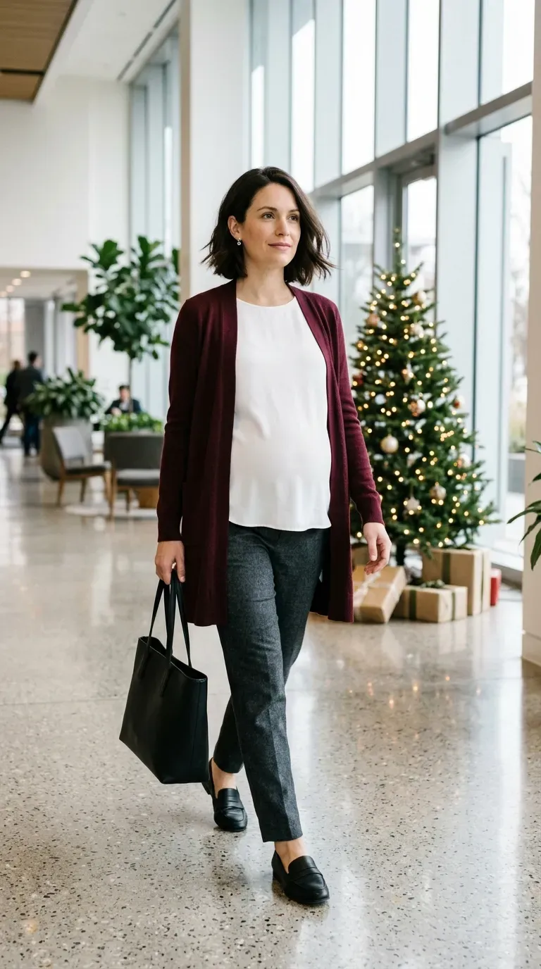 Pregnant woman in gray flannel trousers and burgundy cardigan at a bright office holiday event
