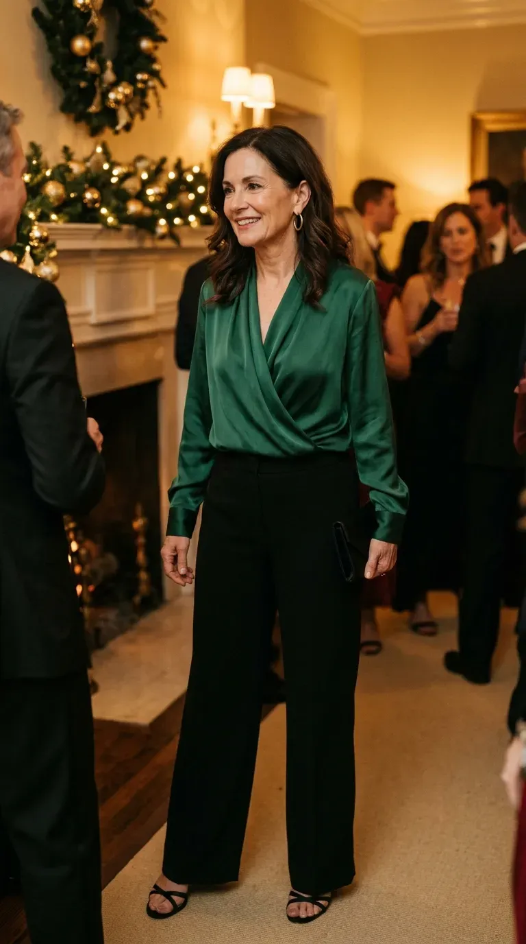 Woman over 50 in gray flannel trousers and burgundy cardigan in a bright office lobby