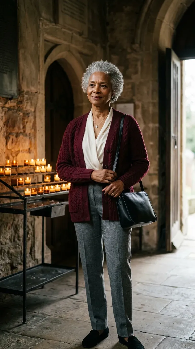 Woman over 50 in gray flannel trousers, burgundy cardigan and suede loafers at a church entrance