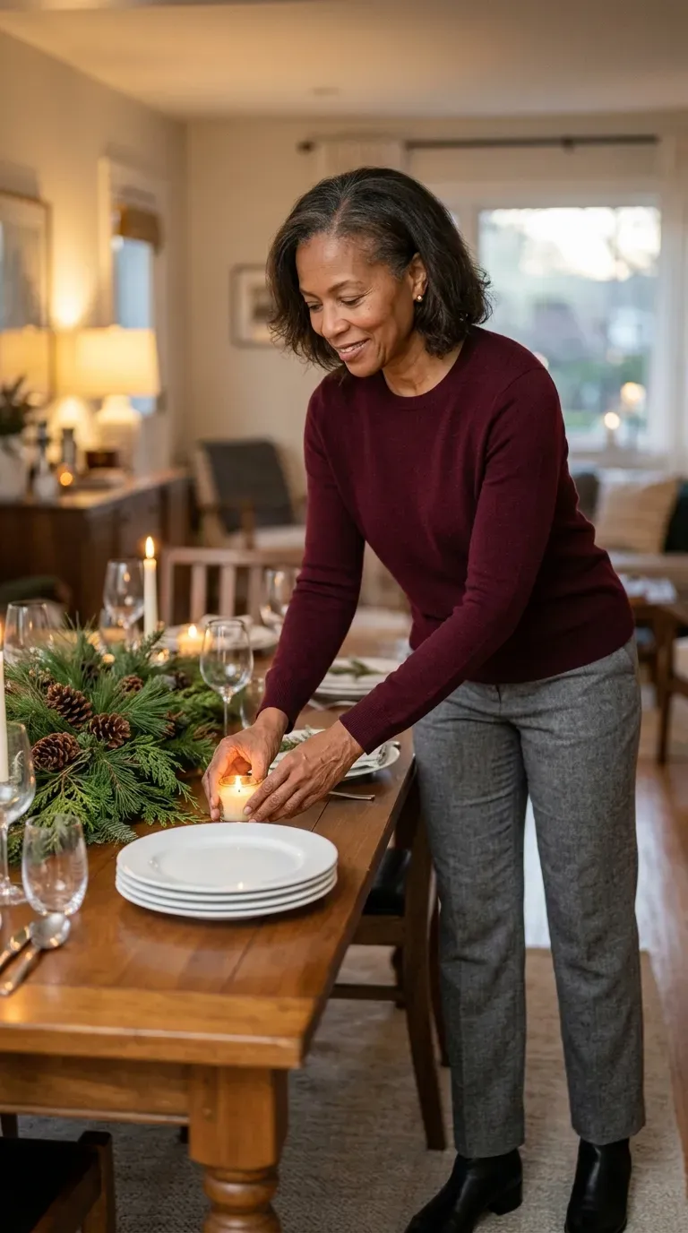 Black woman in gray flannel trousers and a burgundy knit sweater at a holiday dinner