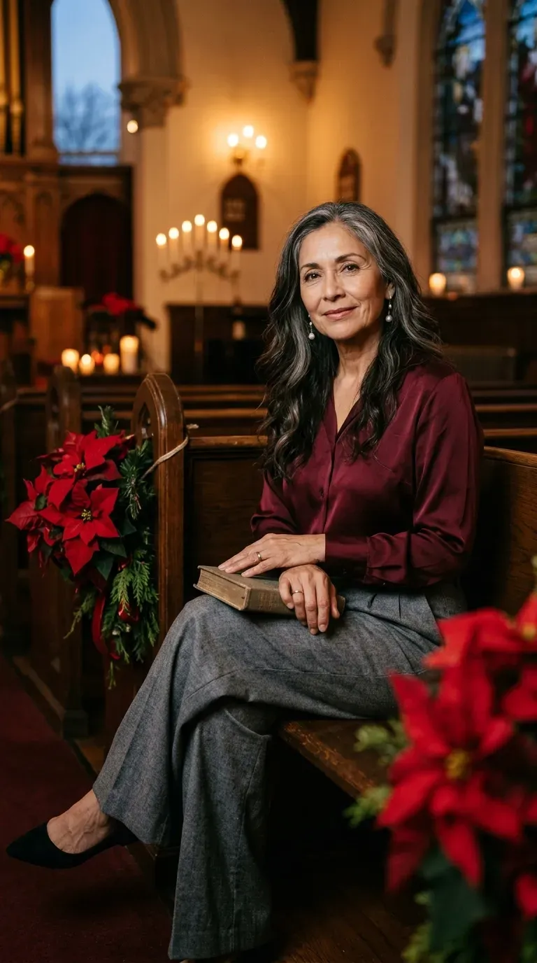 Latina woman in gray flannel trousers and burgundy silk blouse seated in a church pew