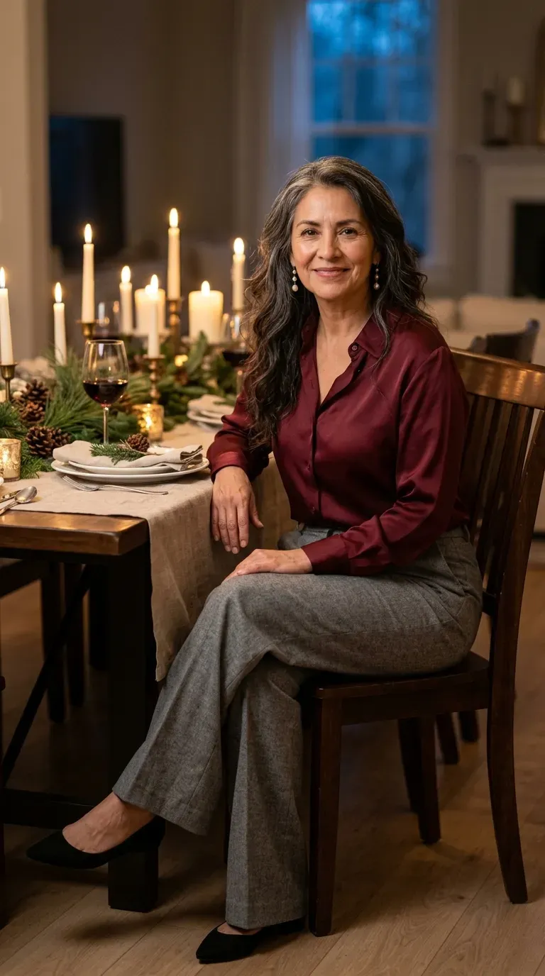 Woman in gray flannel trousers and a burgundy silk blouse at a holiday dinner table