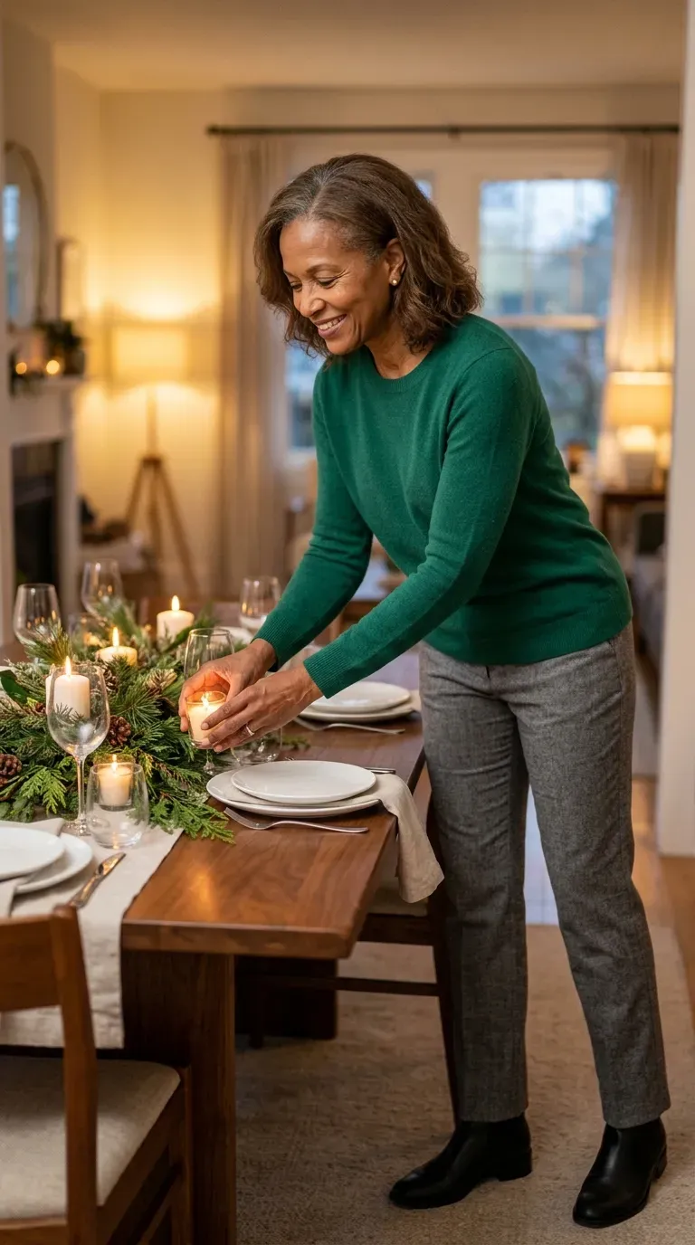 Black woman in an emerald sweater and gray flannel trousers setting a Christmas dining table