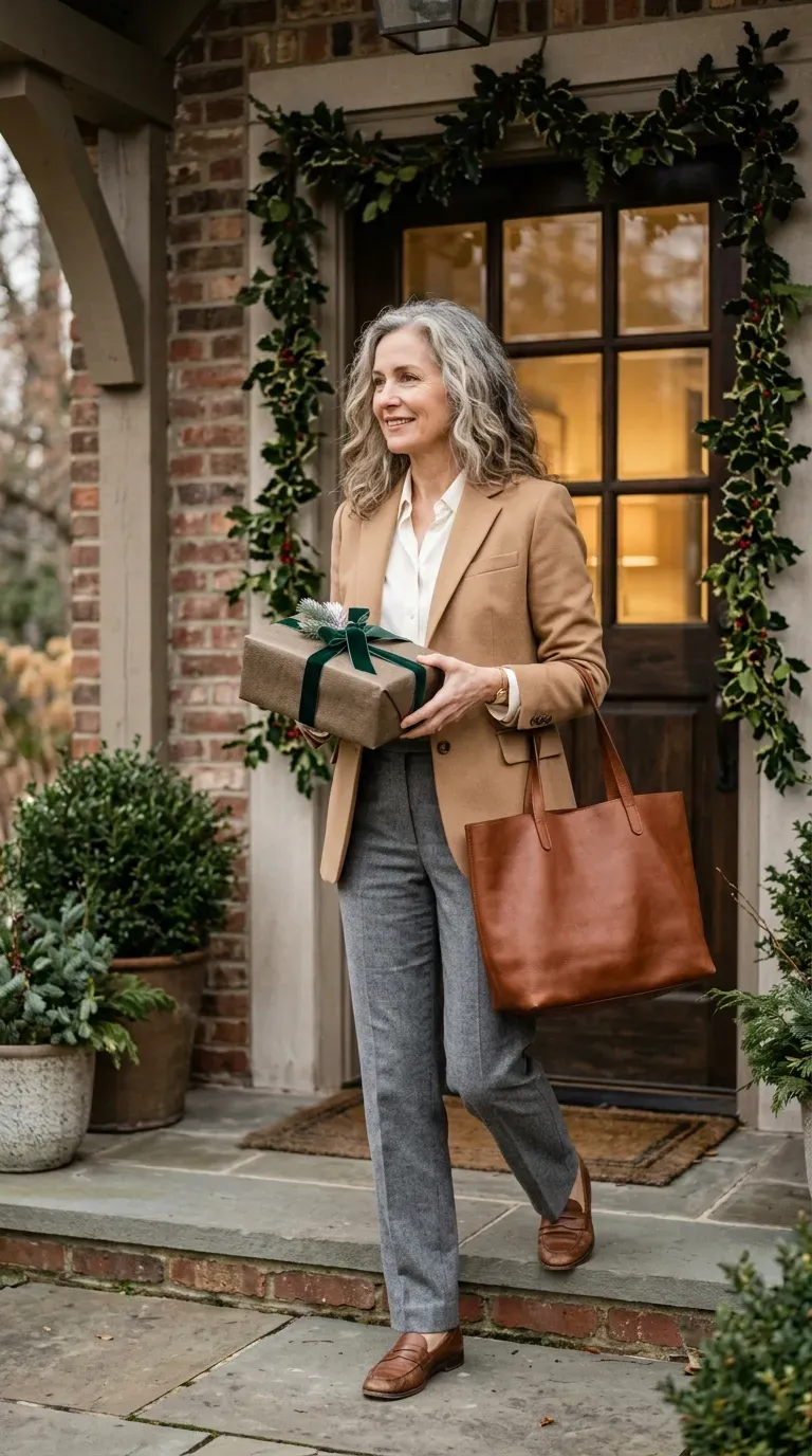 Woman over 50 in gray flannel trousers, ivory blouse and camel blazer at a Christmas family visit