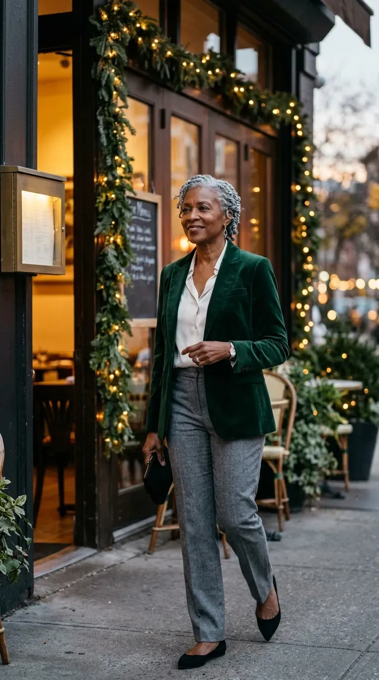 Woman over 50 in gray flannel trousers, ivory blouse and green velvet blazer at a date dinner