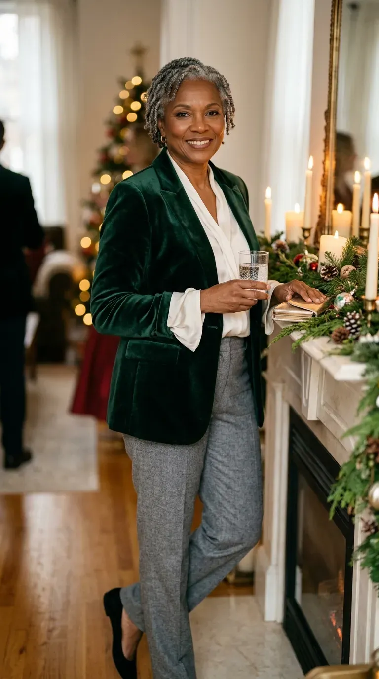 Woman over 50 in gray flannel trousers, ivory blouse and green velvet blazer at a mantel